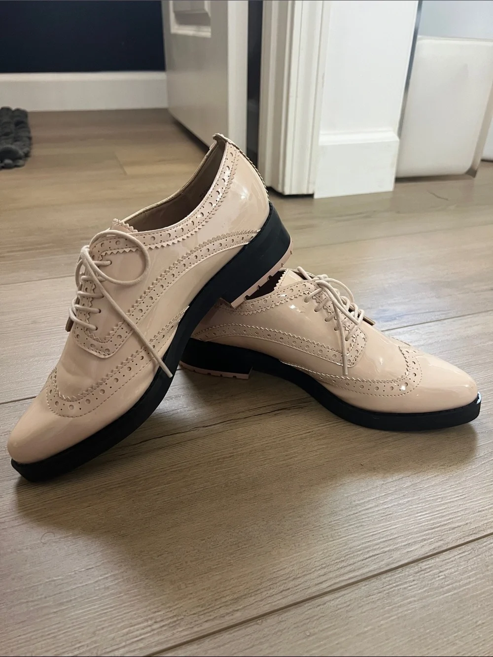 Patent Brogue Lace-Up Flats in Light Cream